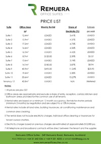 Remuera Office Suites - Price List