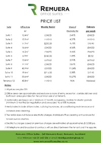 Remuera Office Suites - Price List